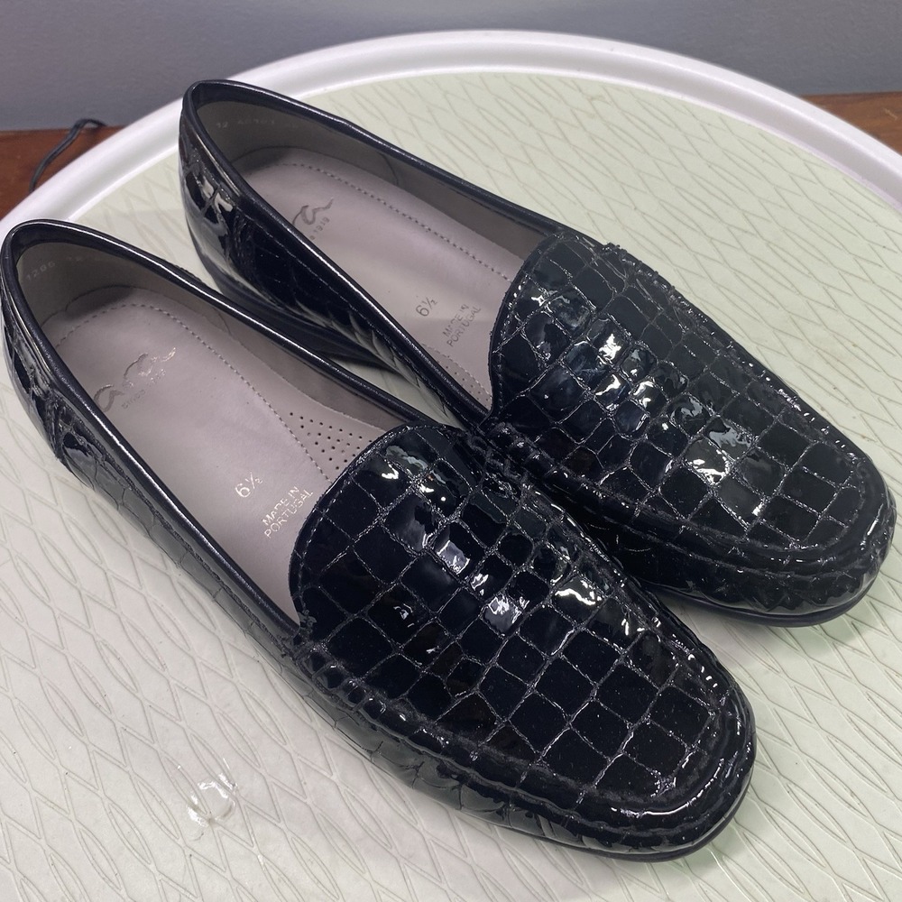 Ara Women's Astrid Loafer Slip On Flat Shoe Black Croc Leather Comfy Sz.6.5 EUC